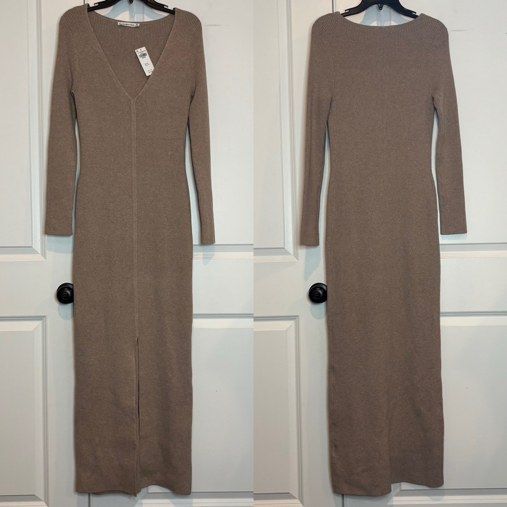 NWT Abercrombie & Fitch Tan Ribbed Knit V-neck Long Sleeve Maxi Dress M